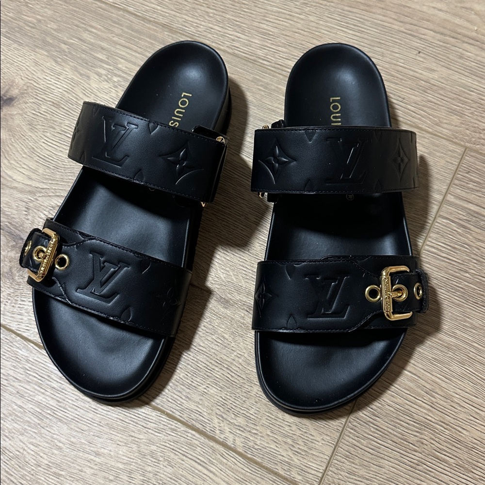Louis Vuitton Black Slides with Gold Buckle